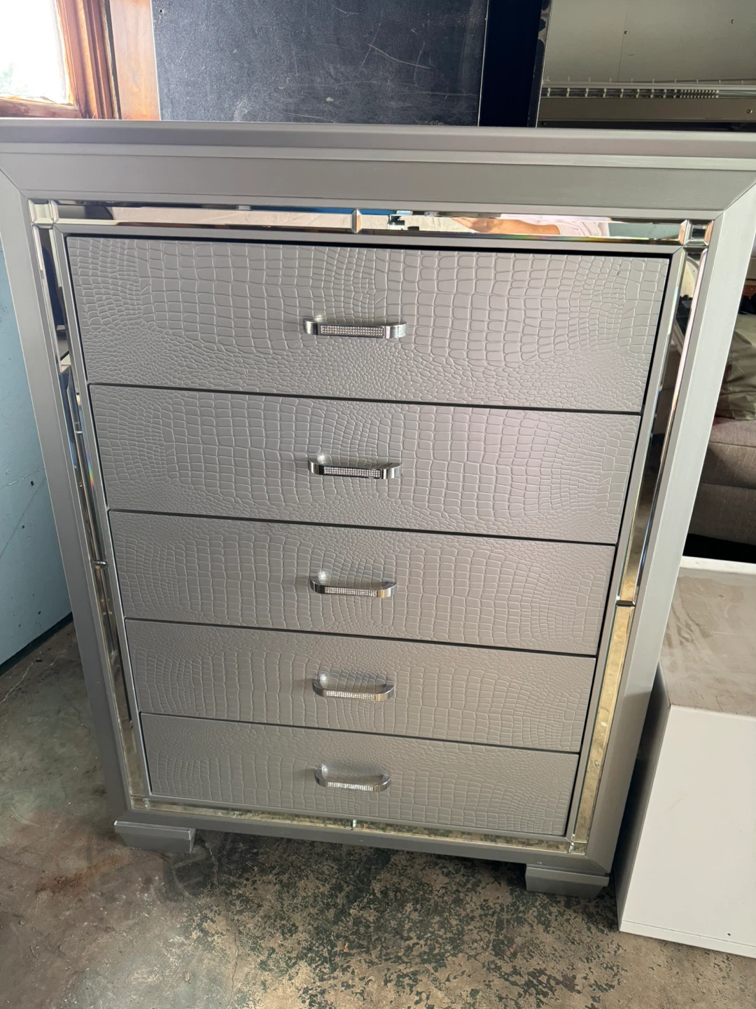 Gray 5-Drawer Tall Dresser with Mirrored Accents - photo 2