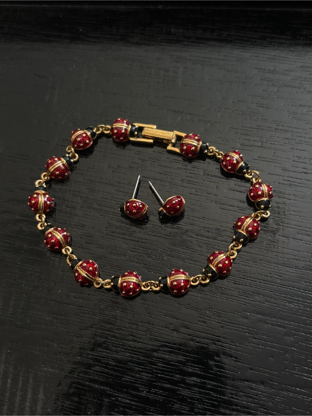 Signed Joan Rivers Ladybug Bracelet & Earrings Set