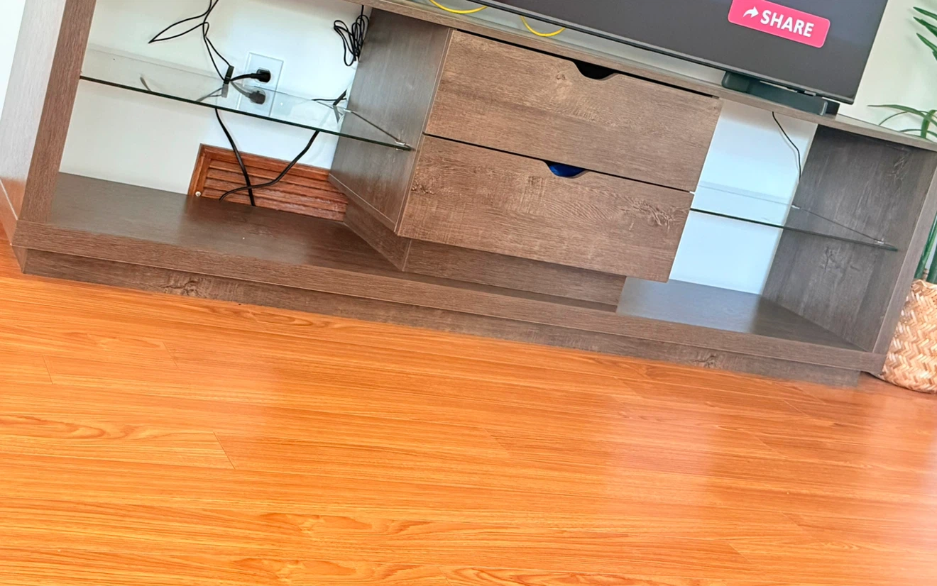 TV Stand with Drawers and Glass Shelves