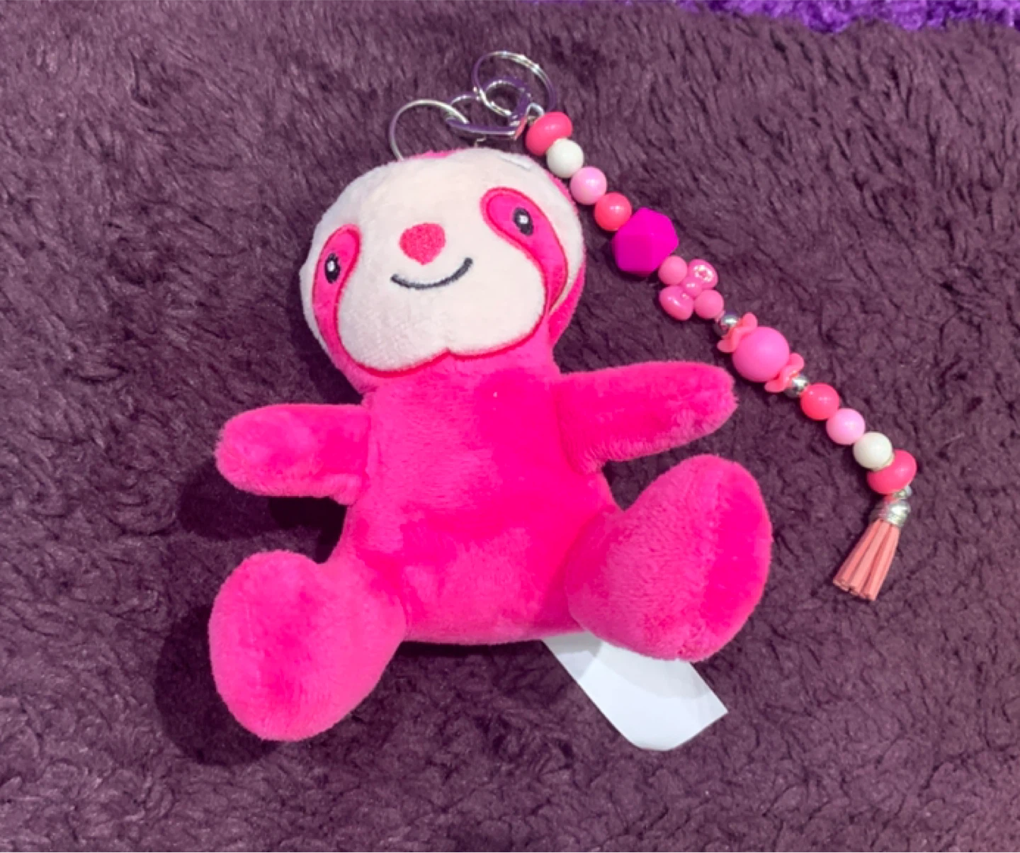 Pink Sloth Plush Keychain with Beaded Strap