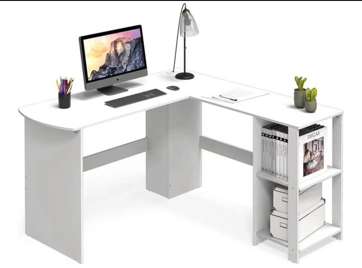White L-Shaped Corner Desk with Shelving