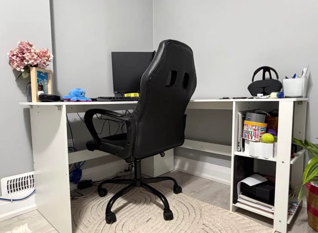 White L-Shaped Corner Desk with Shelving - photo 2