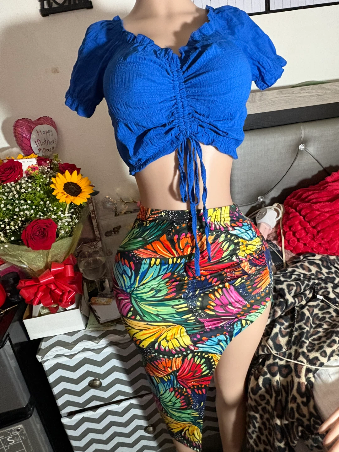 Blue Ruched Crop Top with Butterfly Print Skirt