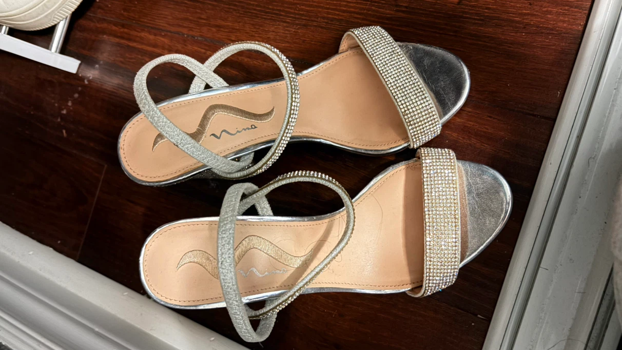 Nina Silver Rhinestone Evening Block Heels - Size 6 (Eur 36)