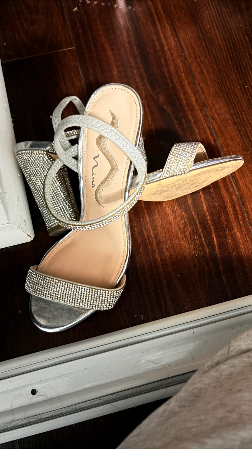 Nina Silver Rhinestone Evening Block Heels - Size 6 (Eur 36) - photo 2