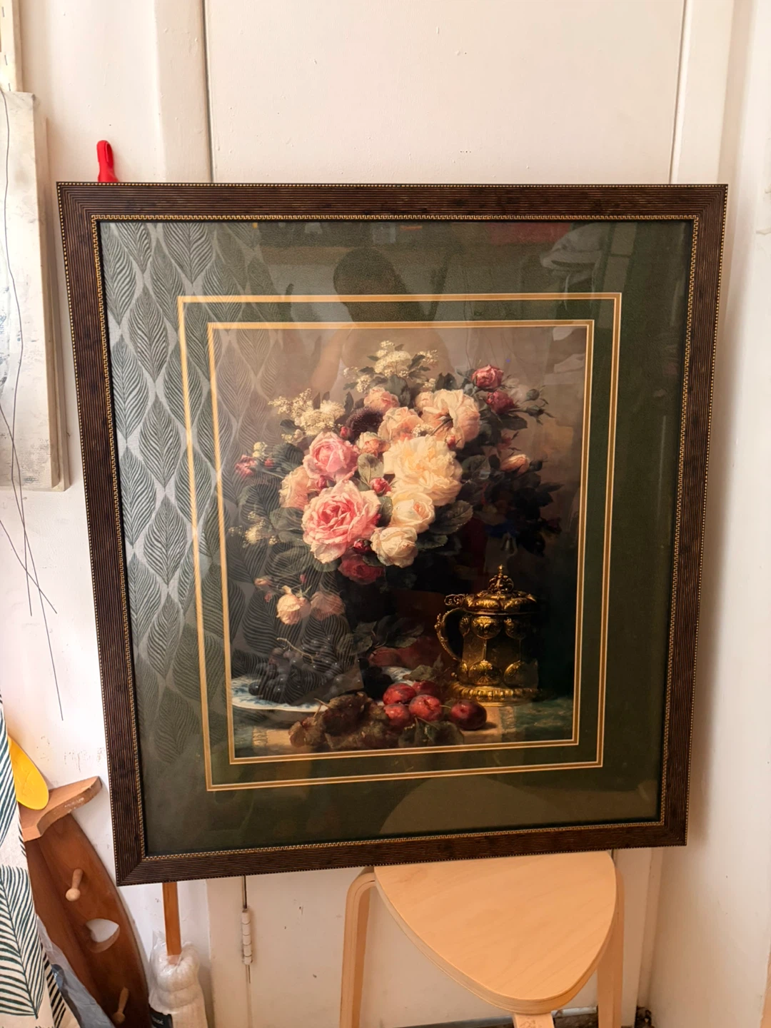 Still Life Floral Painting with Ornate Gold Frame, Roses Vase