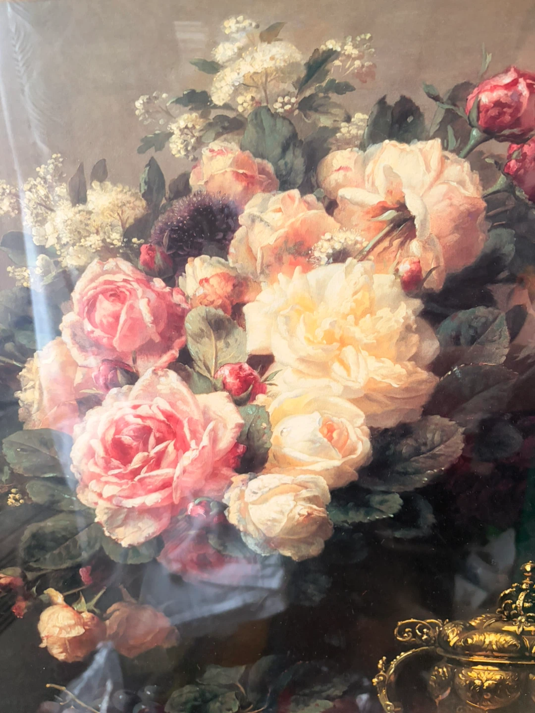 Still Life Floral Painting with Ornate Gold Frame, Roses Vase - photo 5
