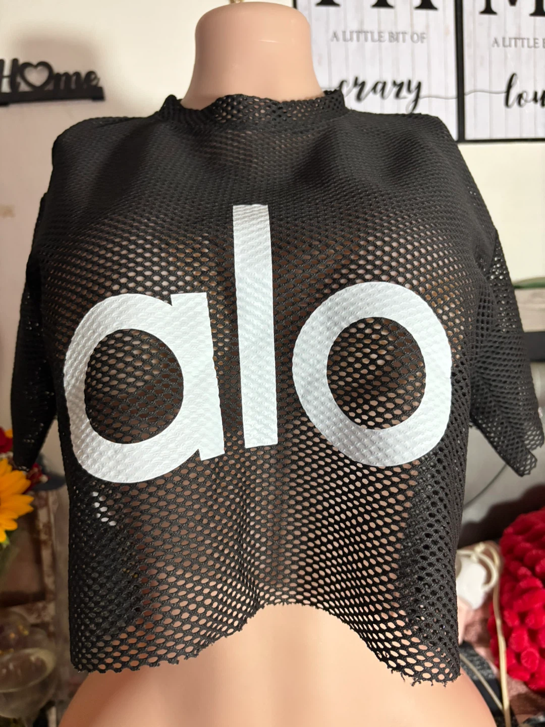 Alo Black Mesh Crop Top