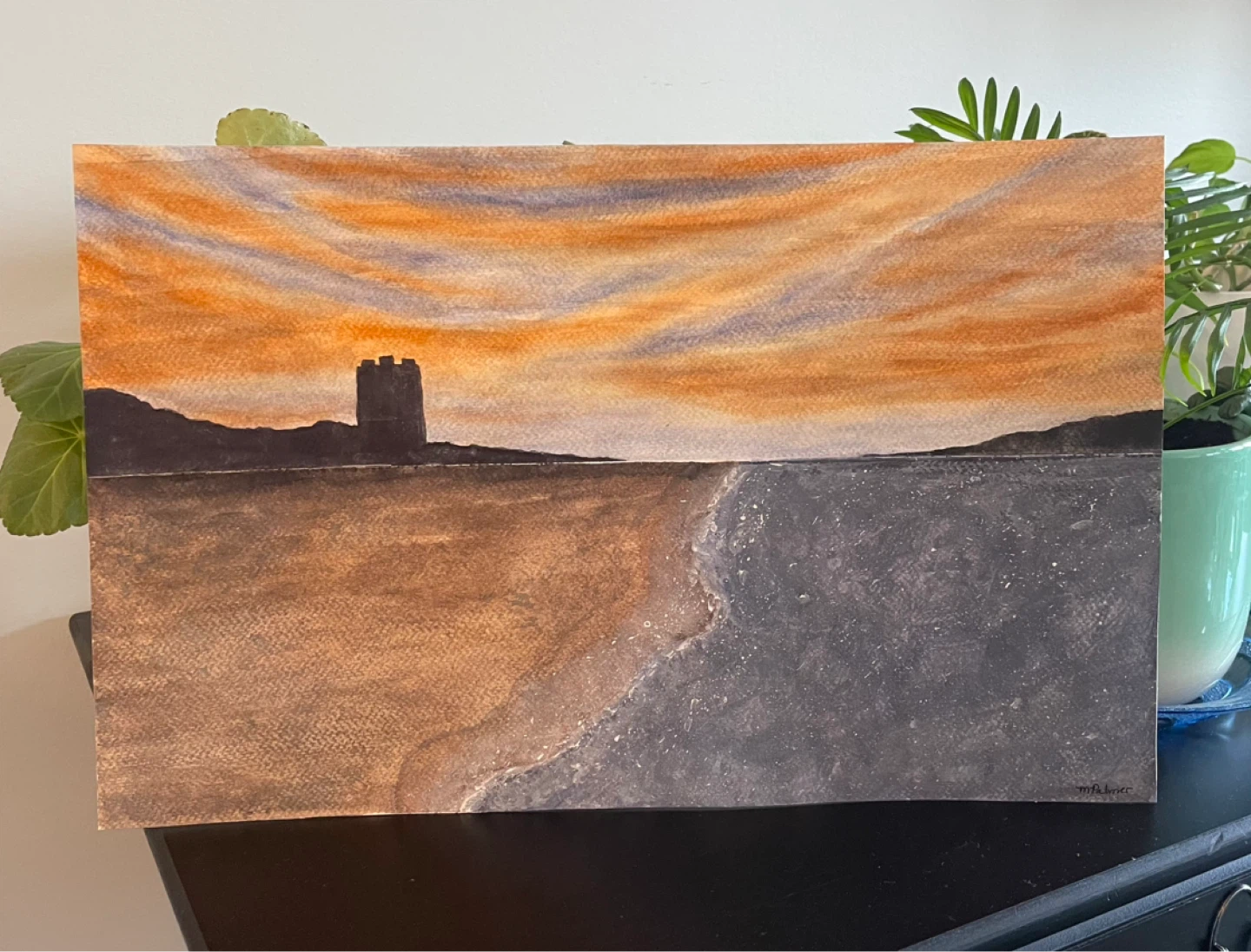 Watercolor Painting of Coastal Sunset with Castle