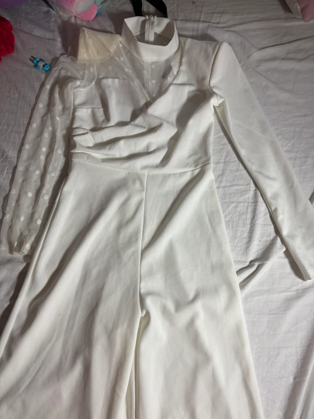 White Jumpsuit with Sheer Polka Dot Sleeves - photo 2