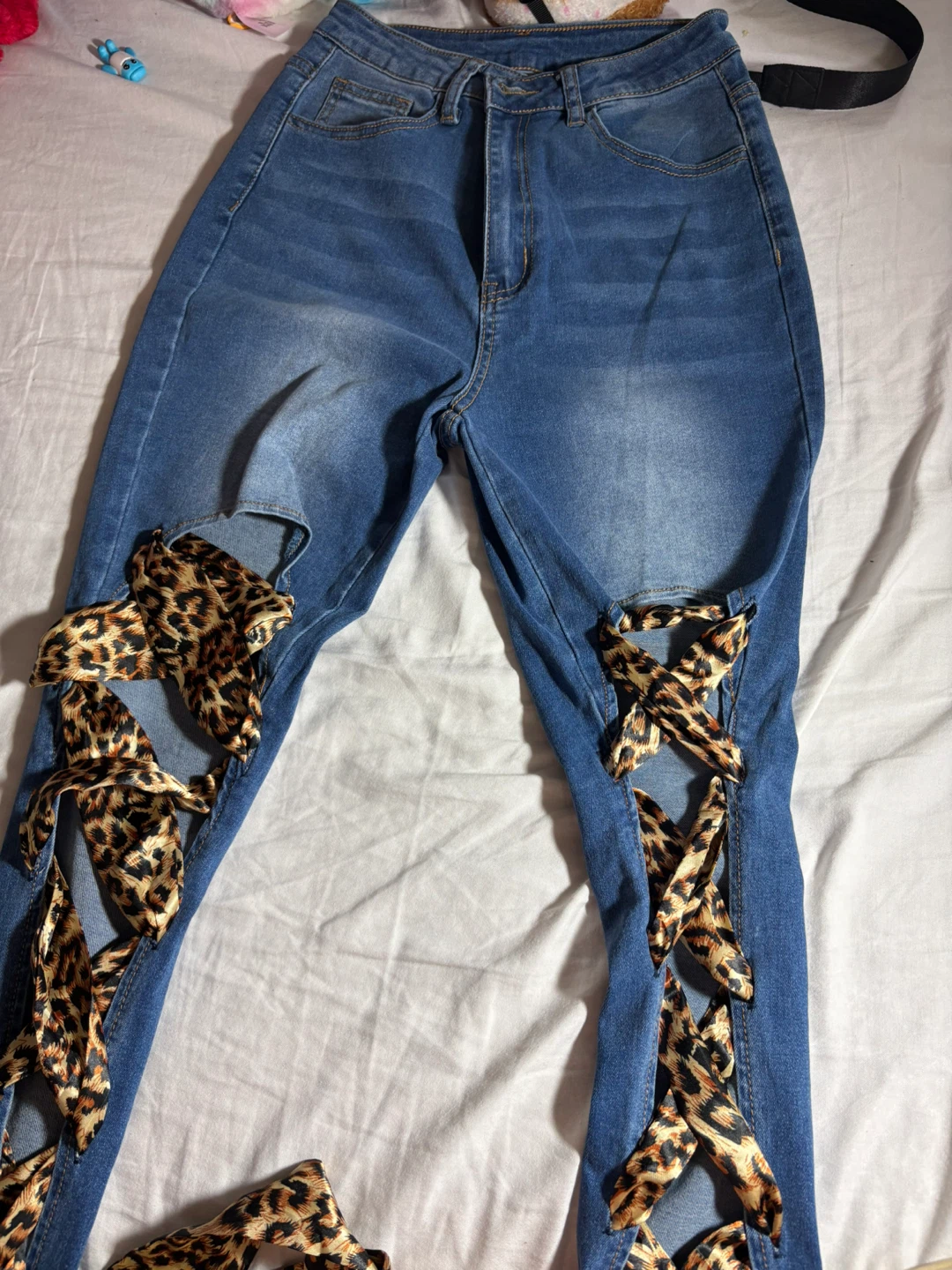 Women's Blue Denim Jeans Leopard Print Lace-Up Detail