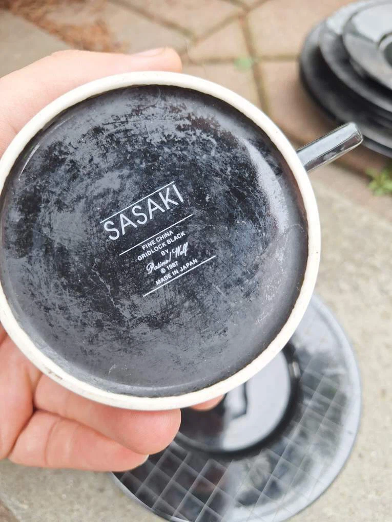 Sasaki Gridlock Black Fine China Cups and Saucers Set