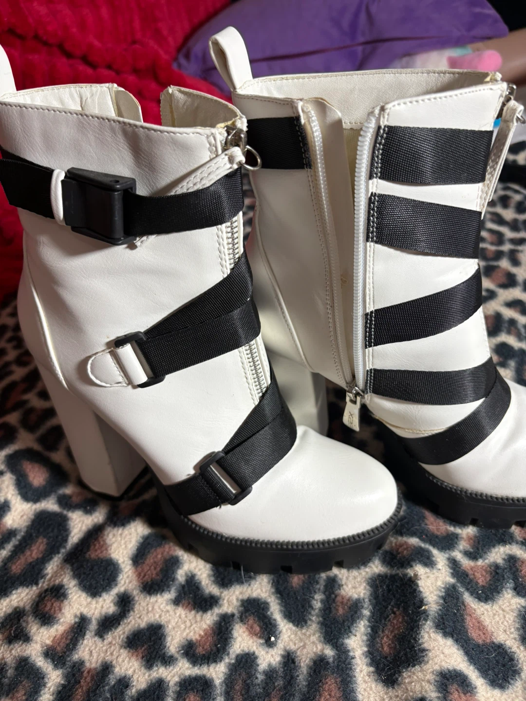 White Platform Boots with Black Straps