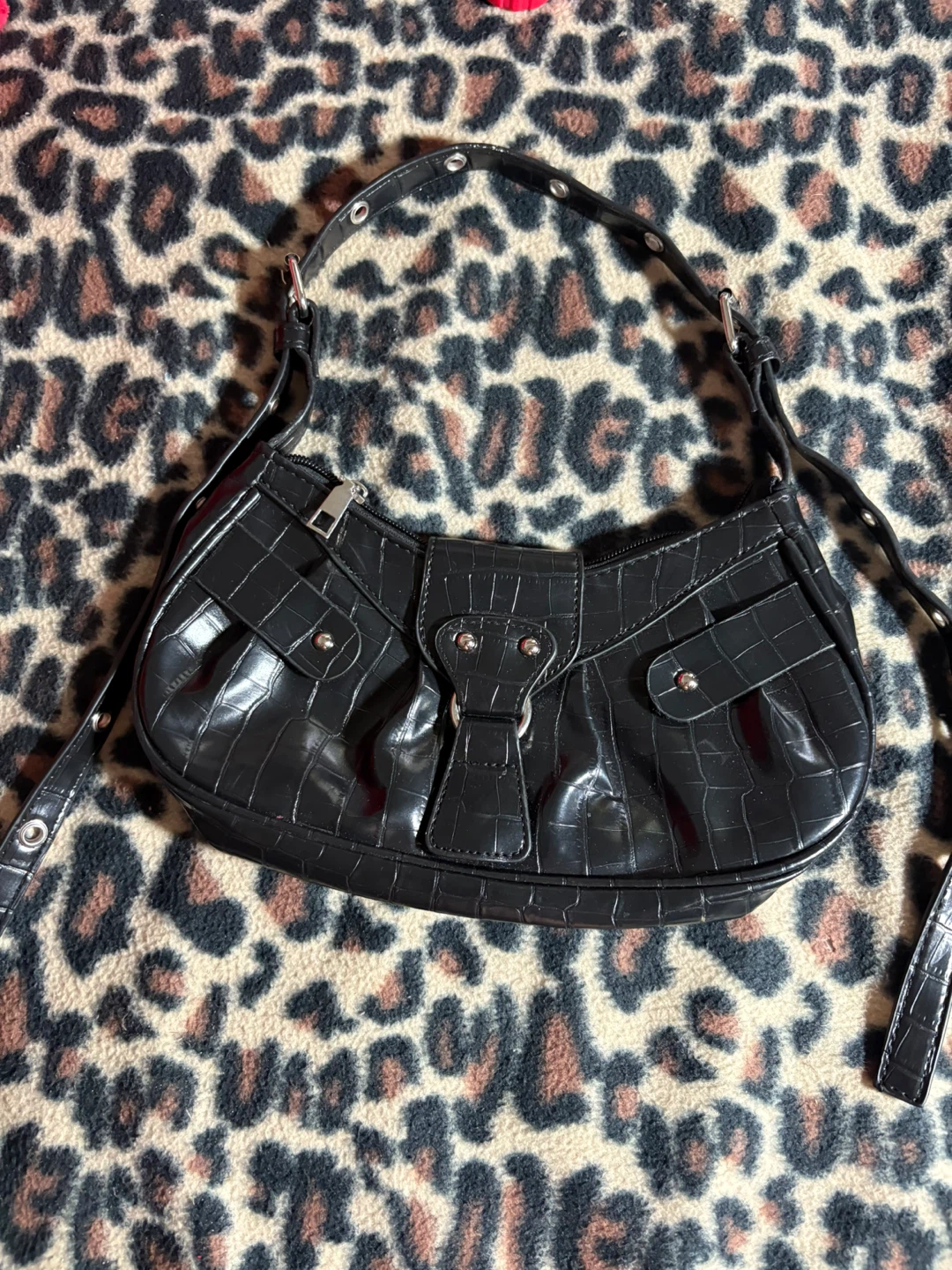 Black Croc Embossed Shoulder Bag