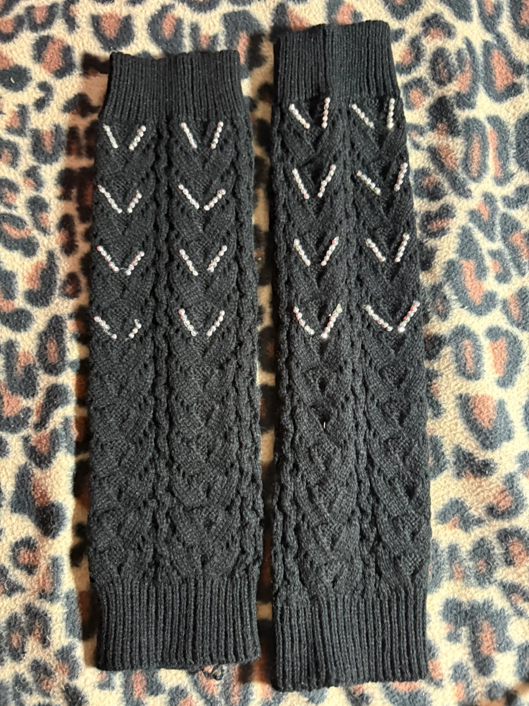 Black Knit Leg Warmers with White Beading