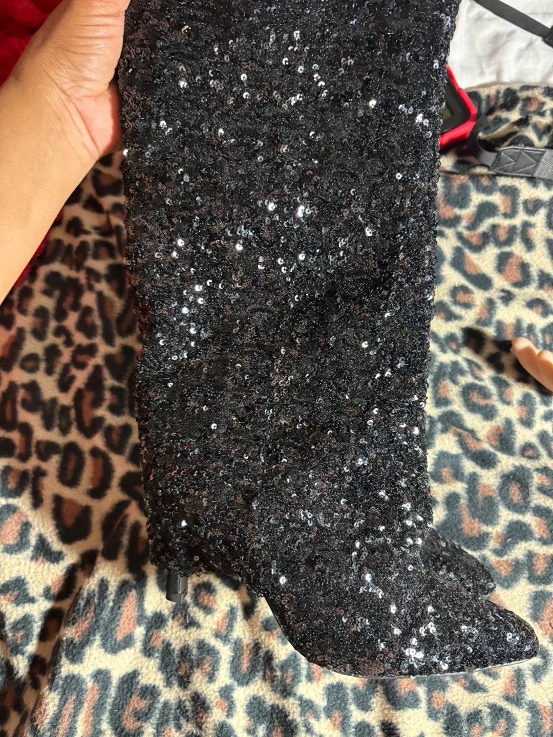 Black Sequin Knee-High Boots