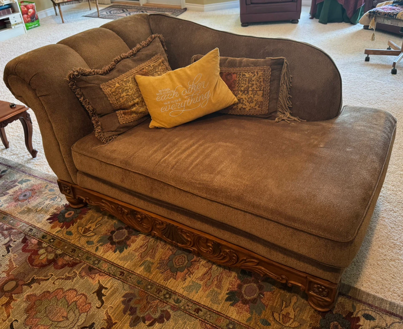 Brown Suede Chaise Lounge with Decorative Wood Trim