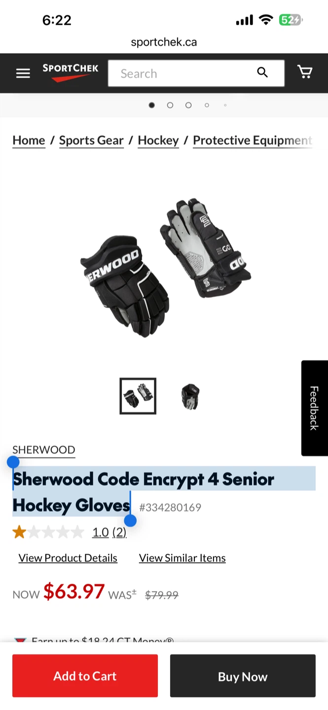 Sherwood Encrypt 4 Senior Hockey Gloves