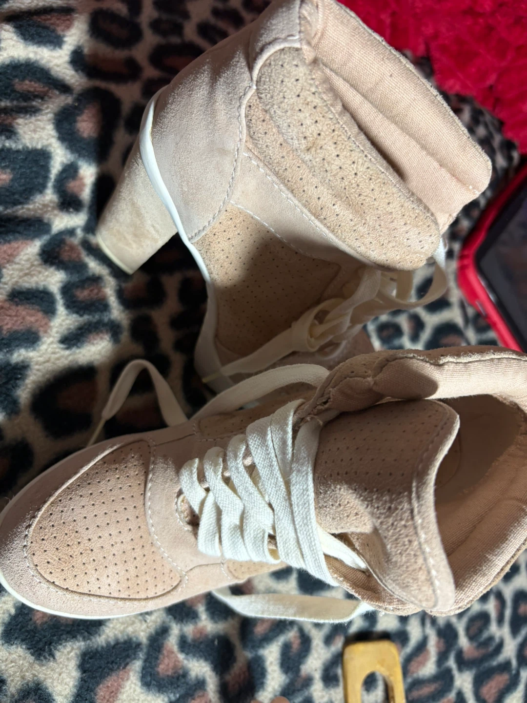 Women's Beige Suede High-Top Wedge Sneakers