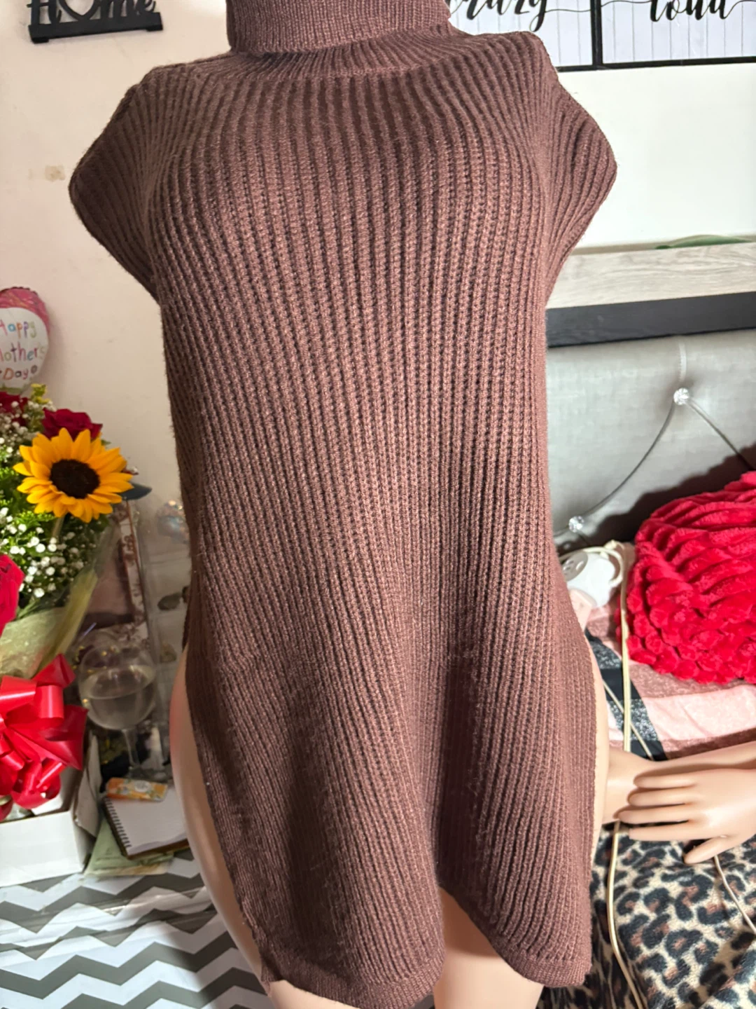 Brown Ribbed Turtleneck Sweater Dress