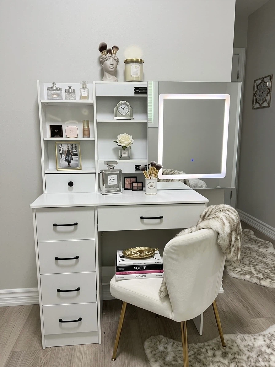 White Vanity Desk with LED Mirror - photo 2