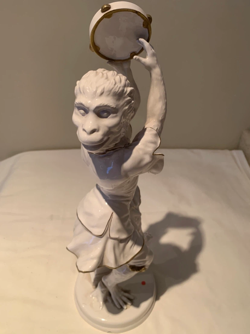 White Monkey Figurine with Tambourine