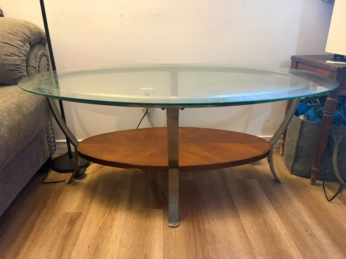 Oval Coffee Table with Glass Top and Wood Shelf