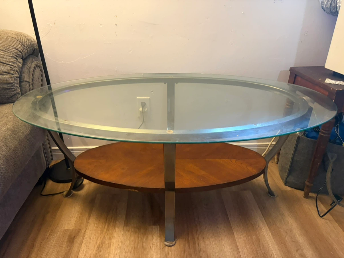 Oval Coffee Table with Glass Top and Wood Shelf - photo 3