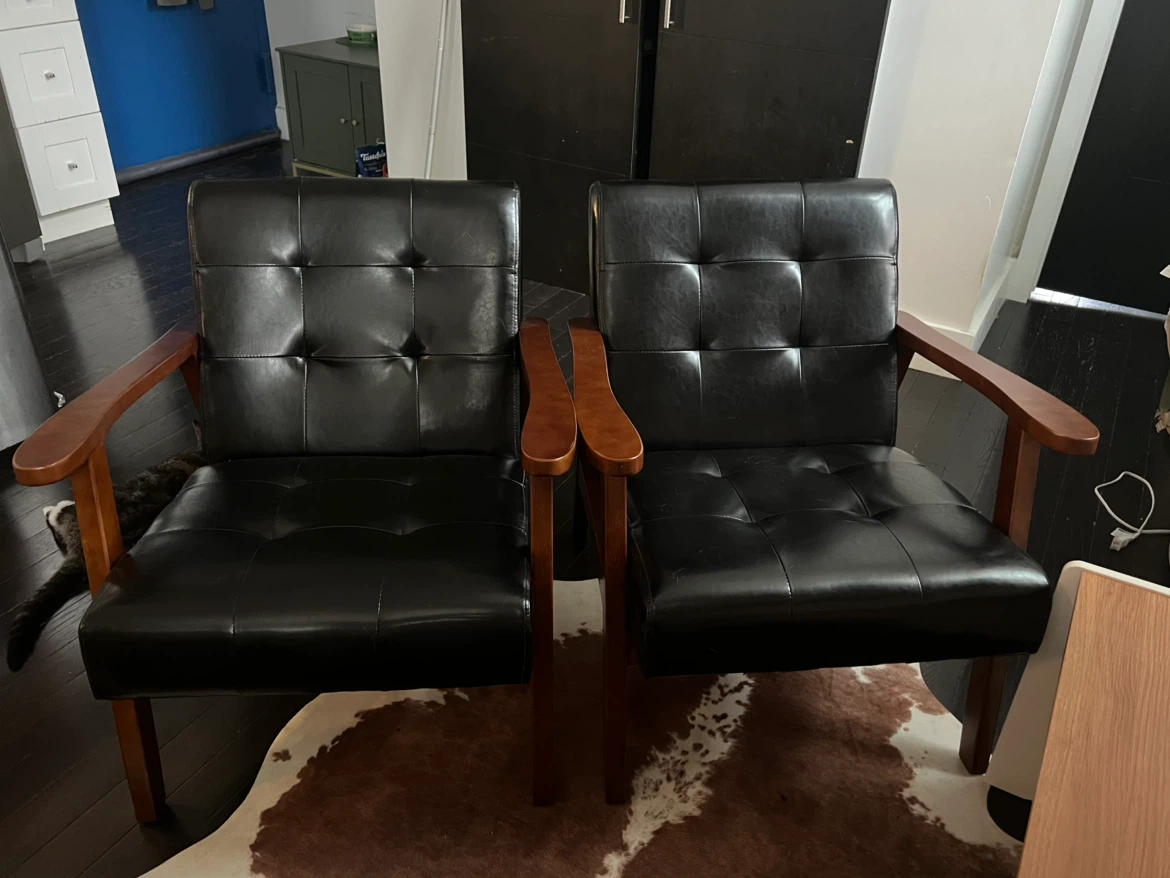 2 Black Faux Leather Armchair with Wooden Frame