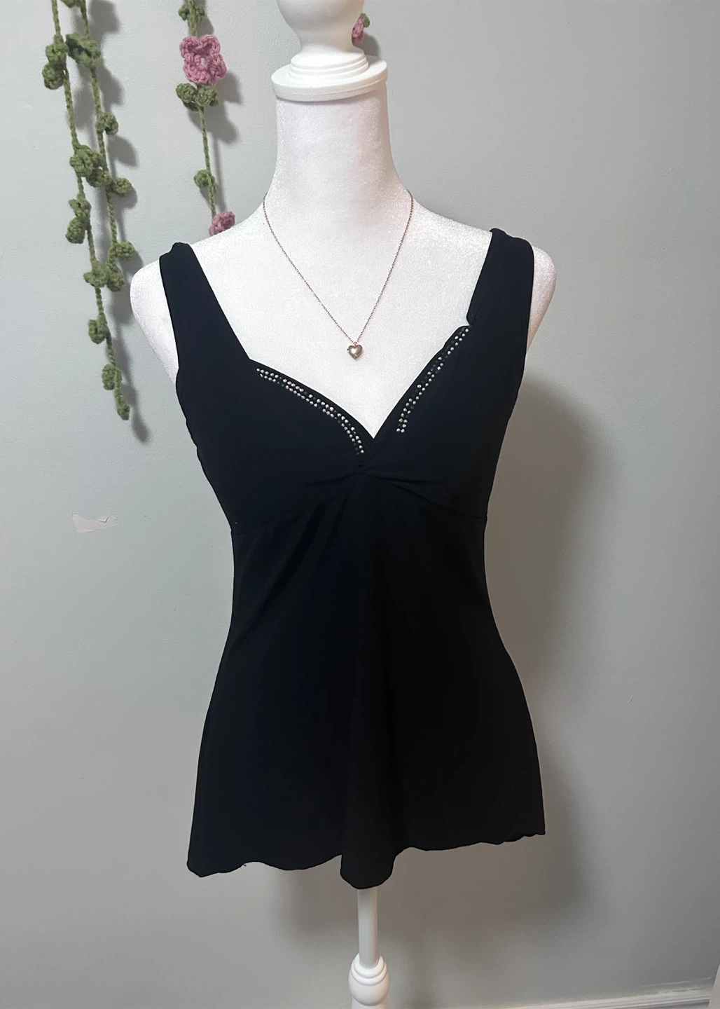 American City Wear Black V-Neck Tank Top with Rhinestone Detail