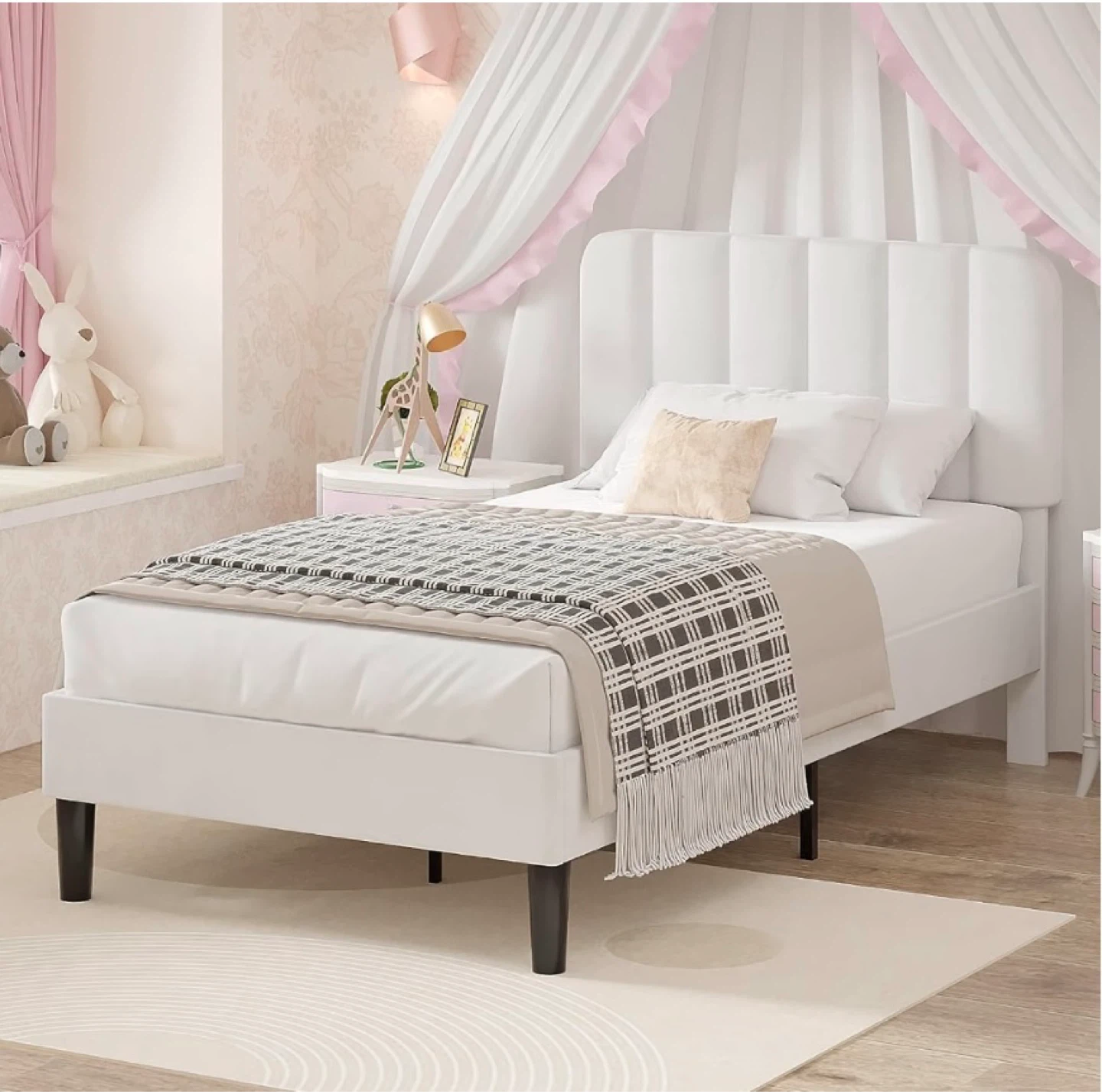 Twin size Bed Frame with Upholstered Adjustable Headboard