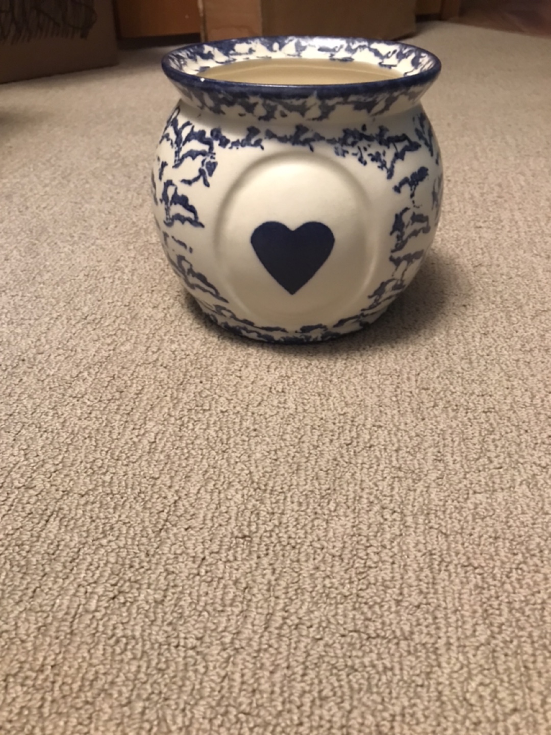 Blue and White Ceramic Pot with Heart Detail