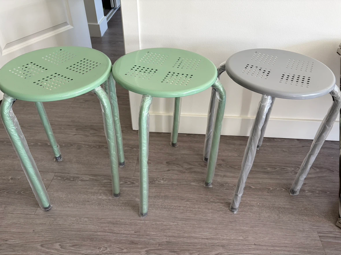 Set of 3 Mint Green & Grey Metal Stools