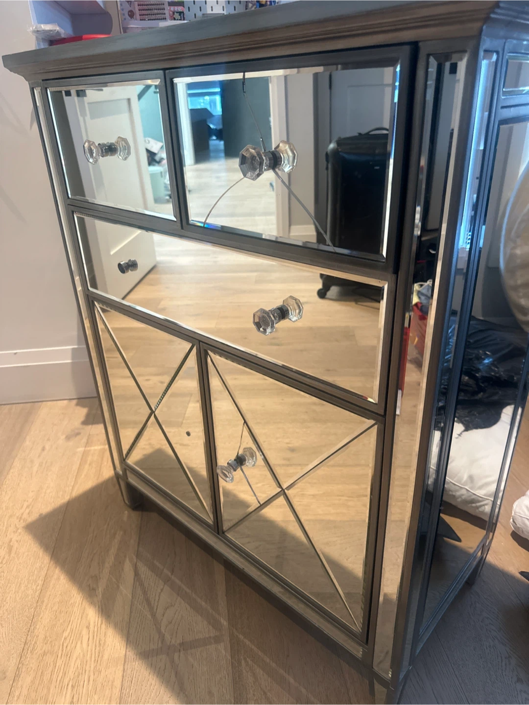 Mirrored Accent Cabinet with Crystal Knobs