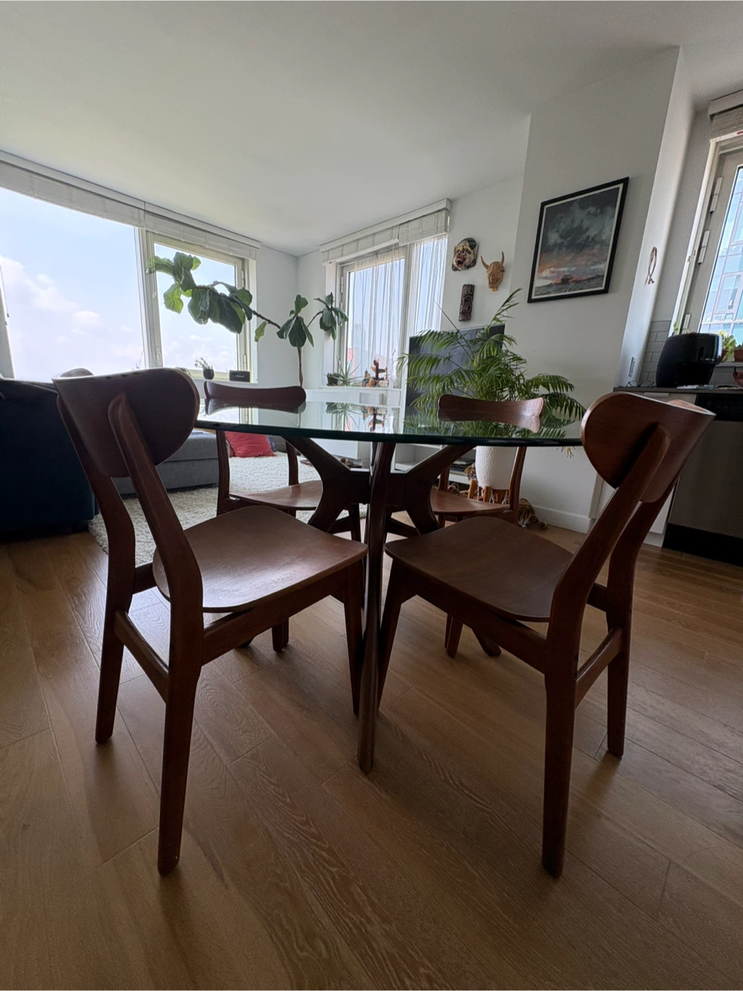 Round Glass Top Dining Table with 4 Wooden Chairs