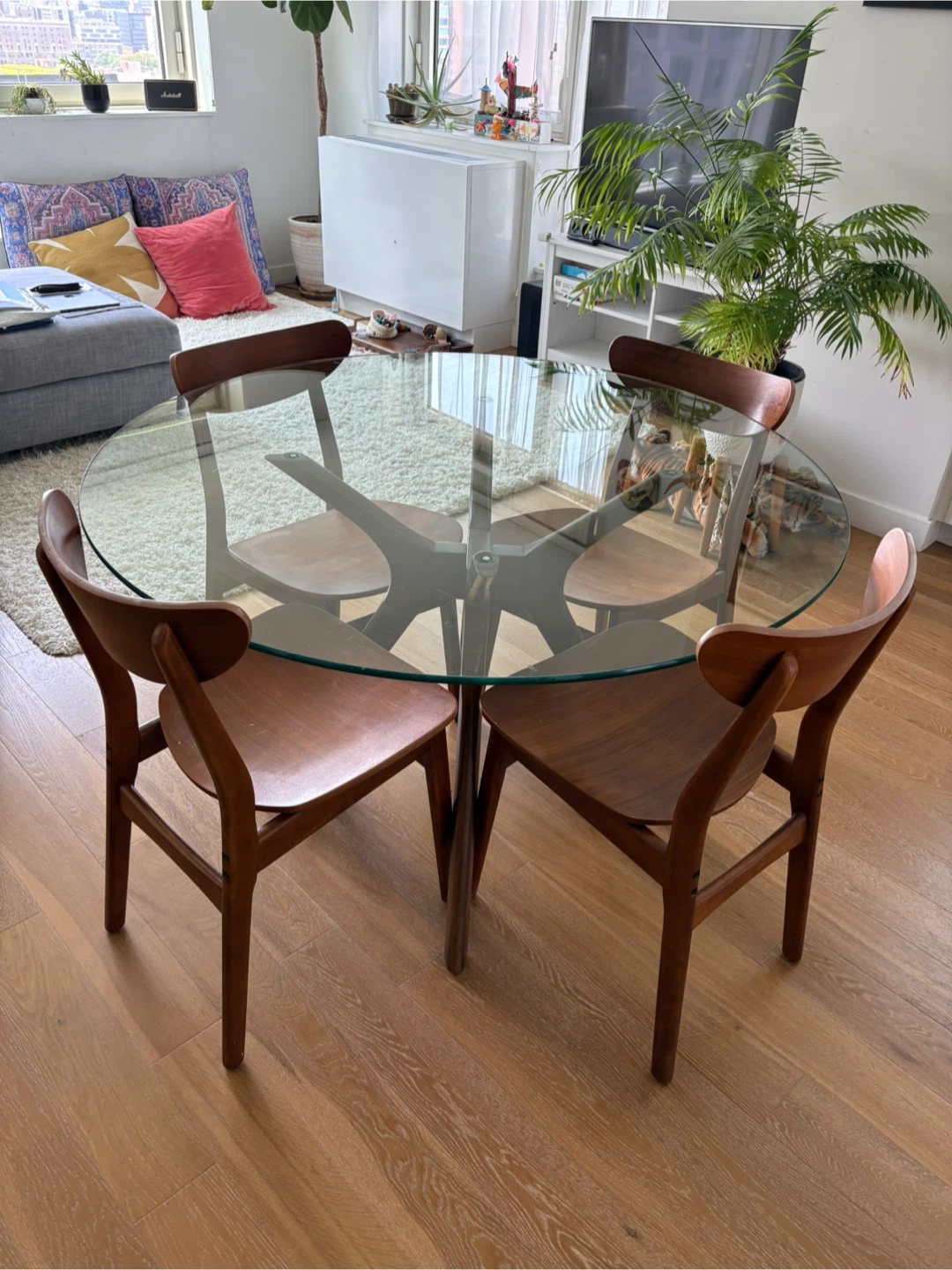 Round Glass Top Dining Table with 4 Wooden Chairs - photo 2