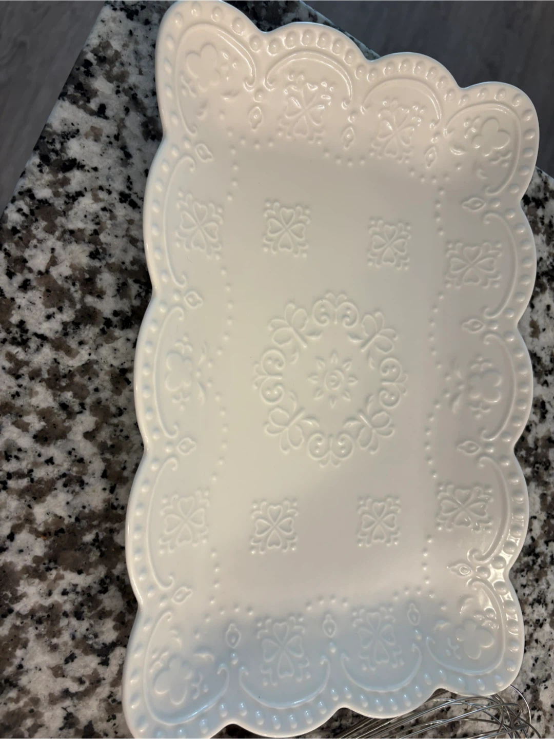 White Embossed Serving Platter and Plates Set
