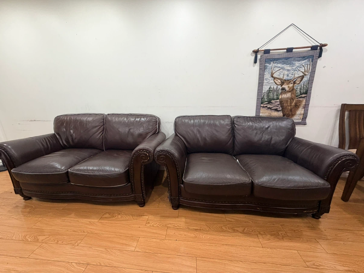 Brown Leather Loveseat Sofa - photo 3