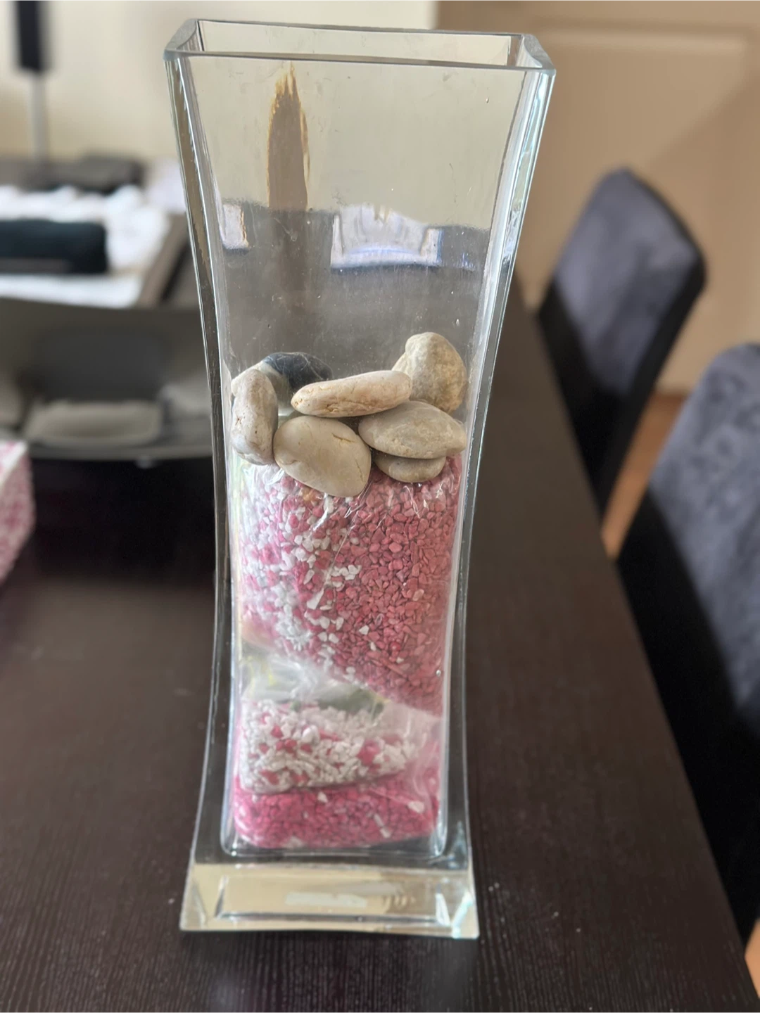 Clear Glass Vase with Decorative Stones and Beads