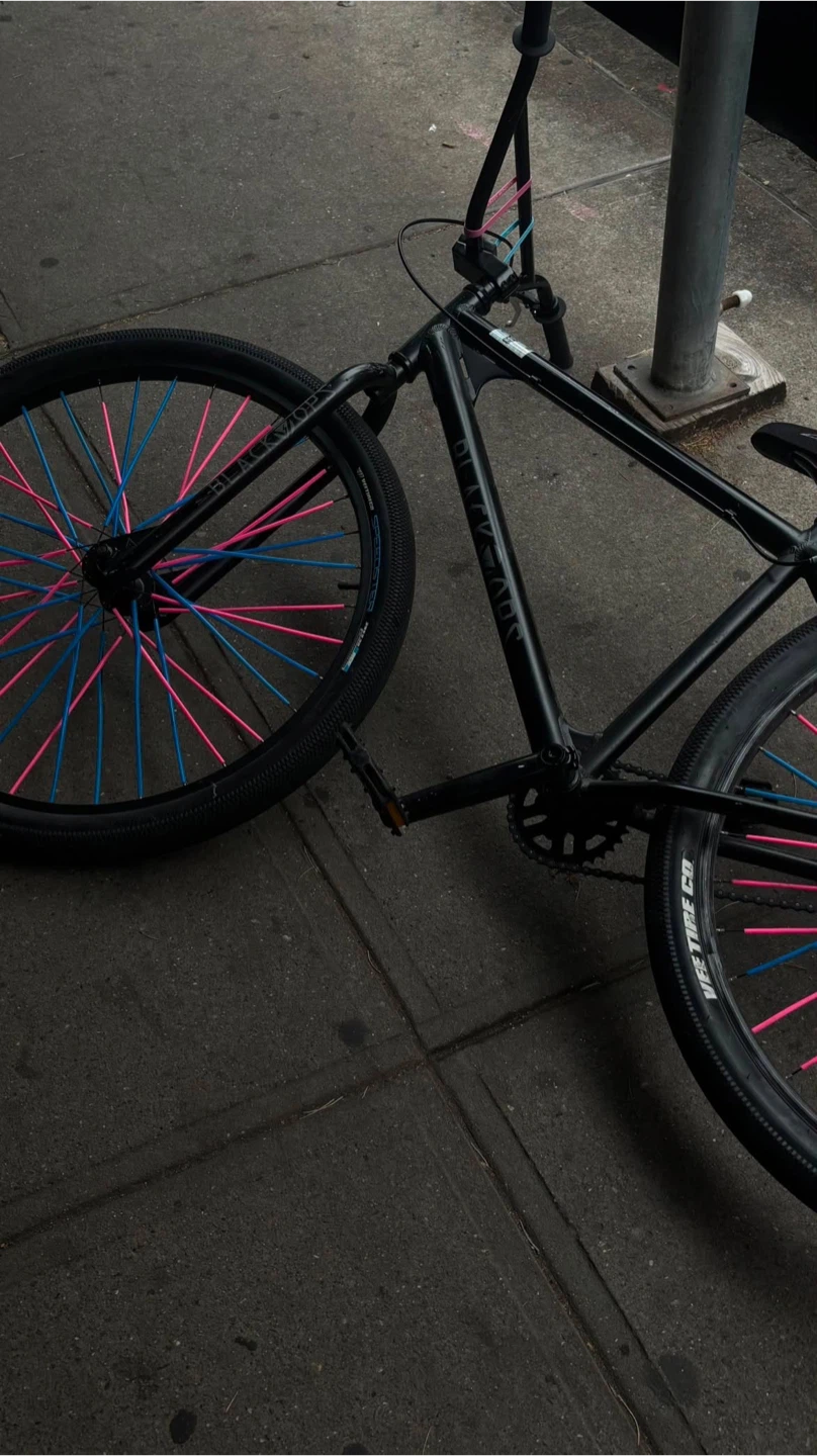 Black 29" SE Bike with Pink and Blue Spokes