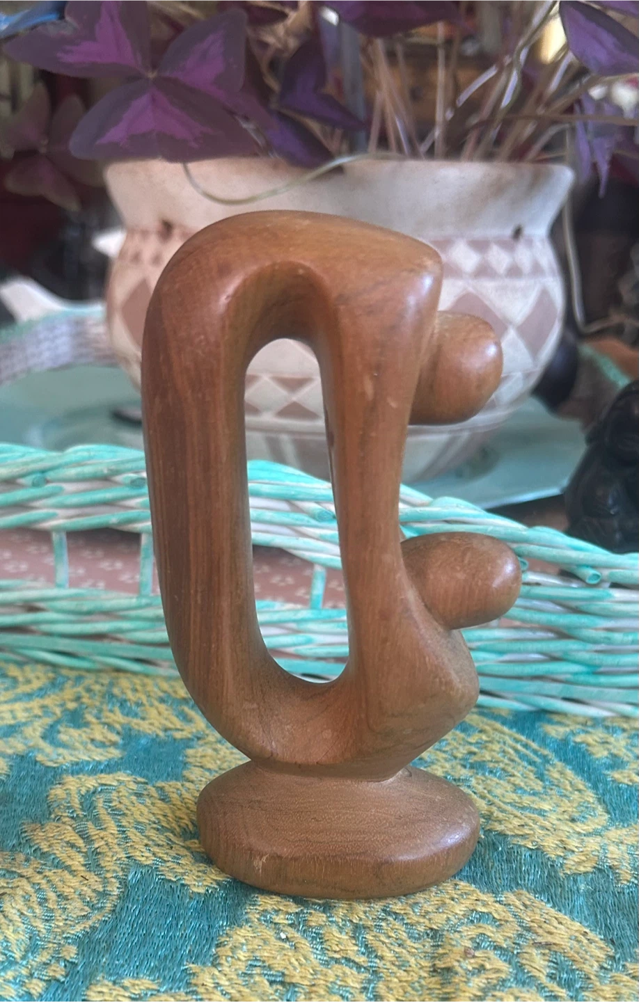 Retro 1970s Hand-Carved Wooden Mother and Child Sculpture Statue