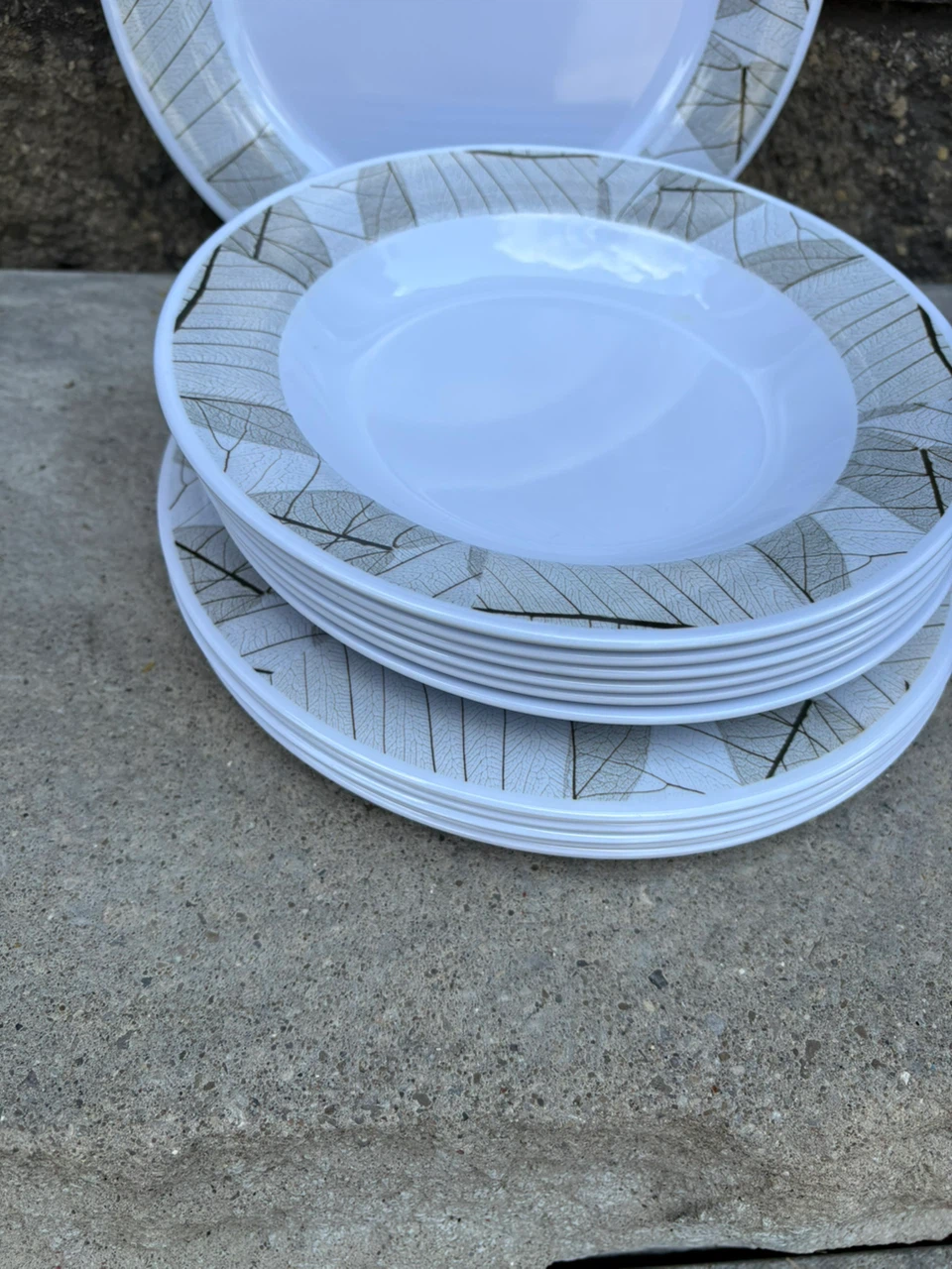 Set of 12 White Plates with Leaf Design