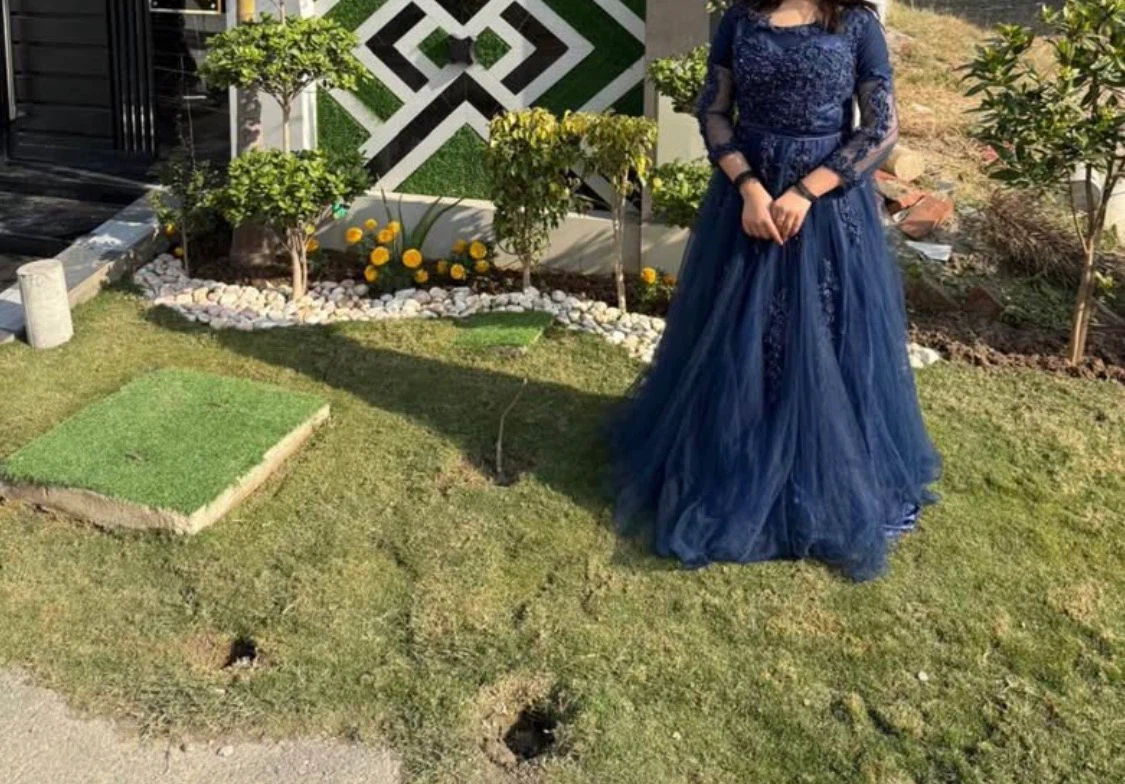 Navy Blue Tulle Embroidered Formal Gown