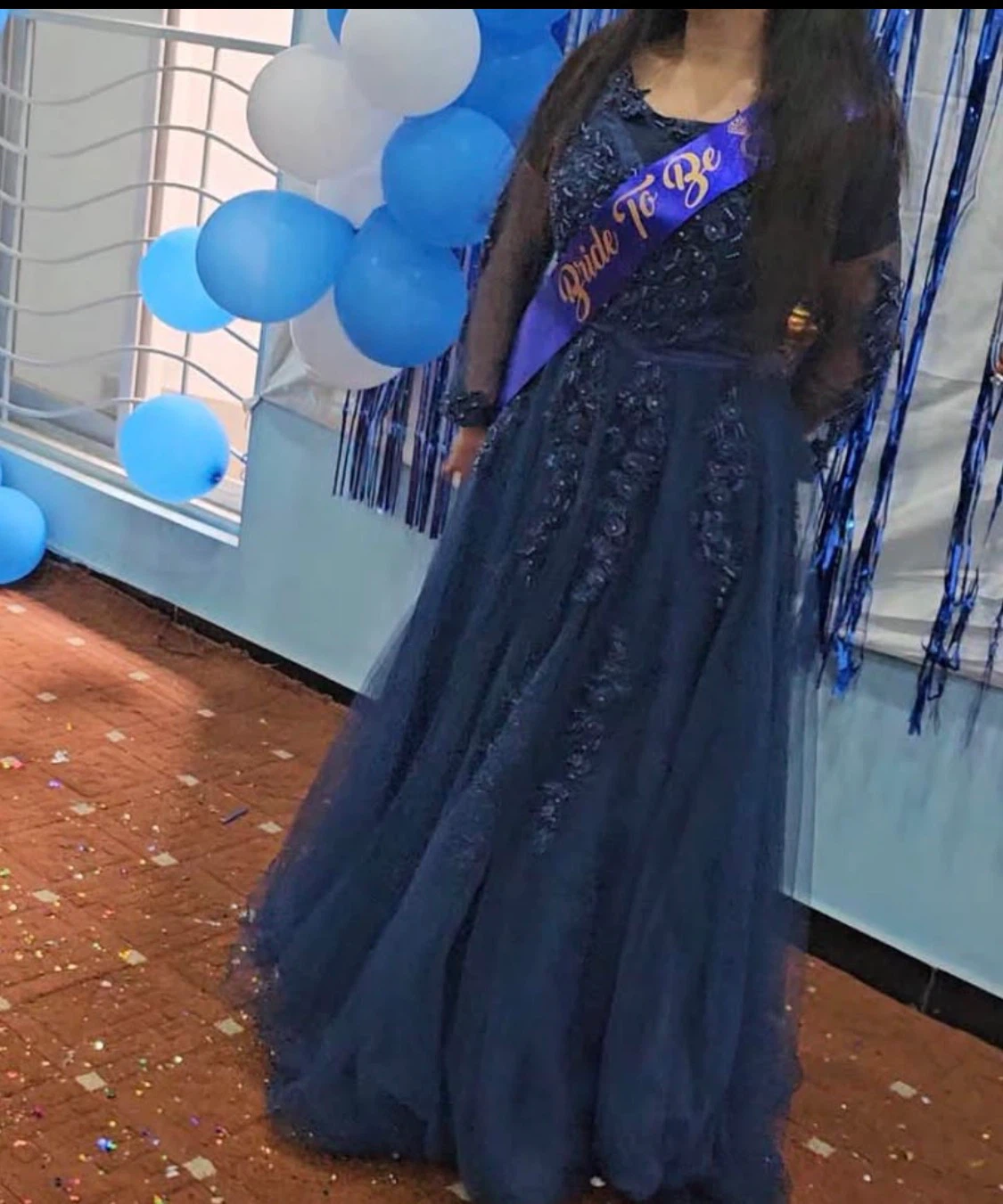 Navy Blue Tulle Embroidered Formal Gown - photo 2
