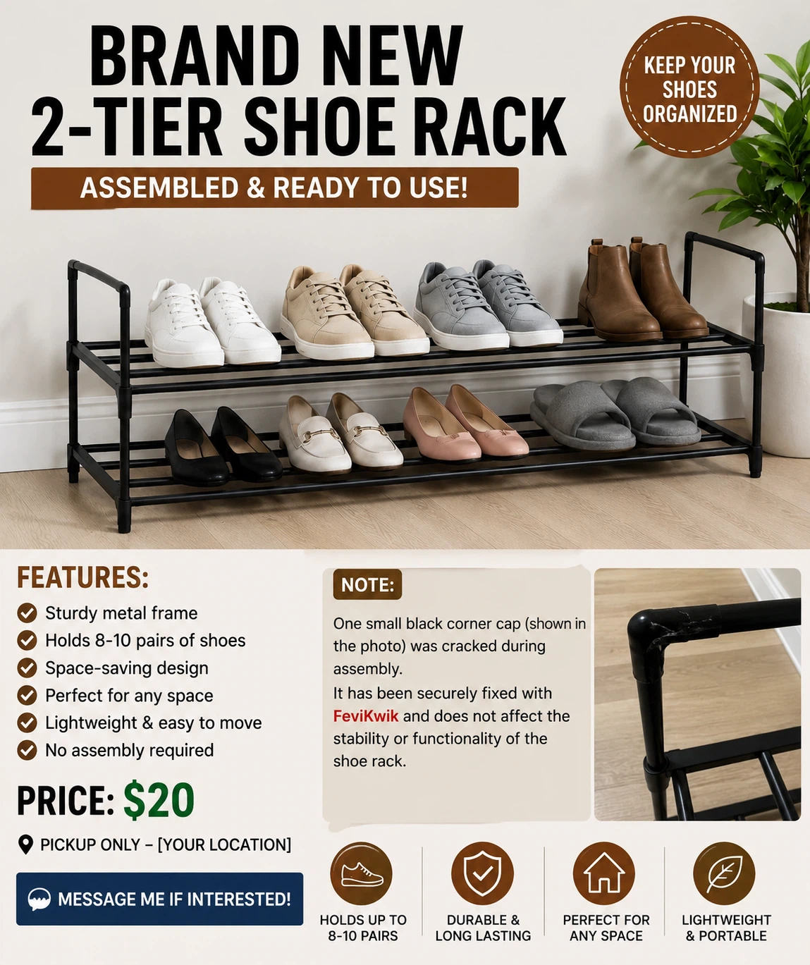 Brand New Assembled VASAGLE 2-Tier Shoe Rack