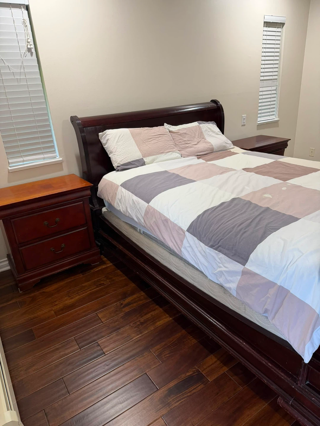 Dark Wood Sleigh Bed Frame with Two Nightstands
