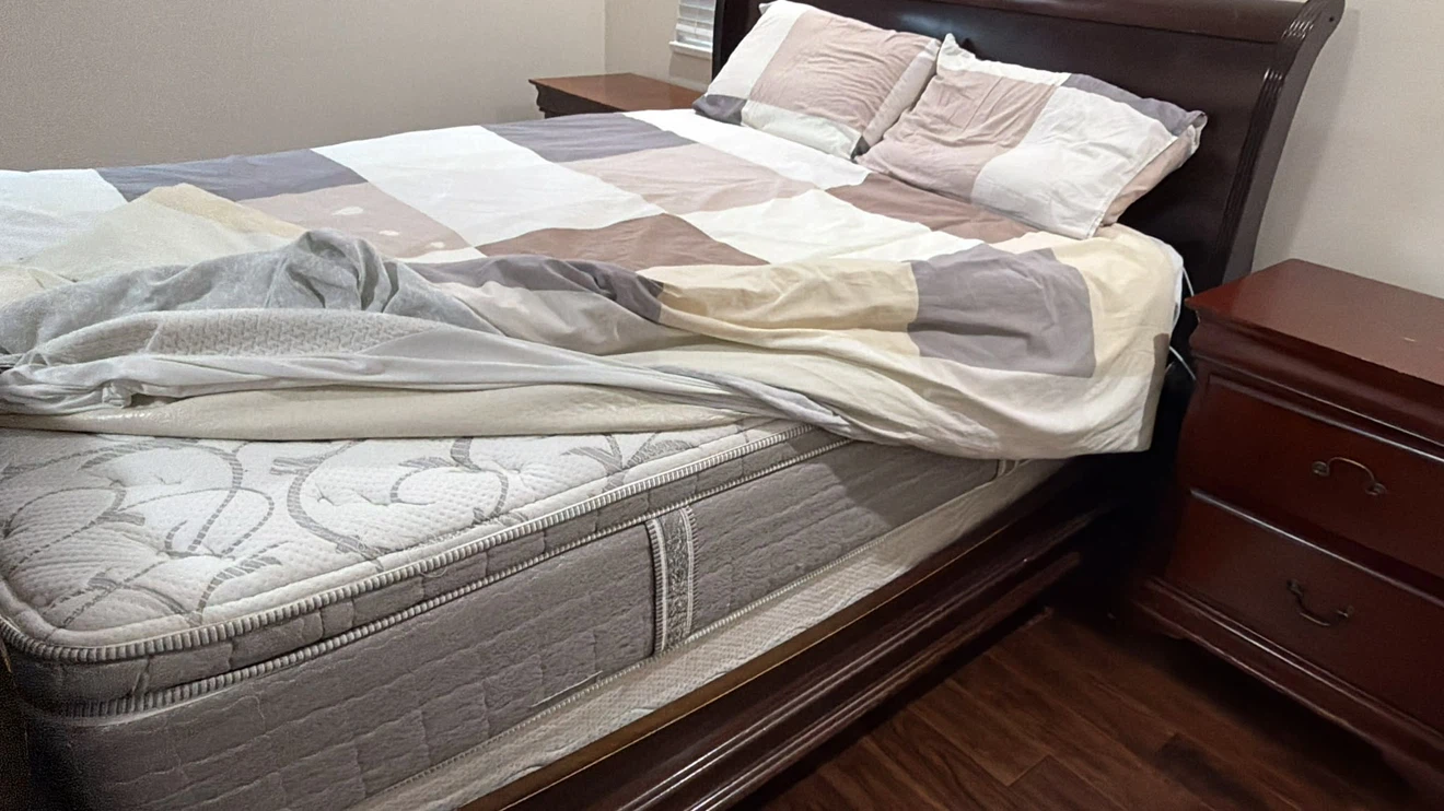 Dark Wood Sleigh Bed Frame with Two Nightstands - photo 2