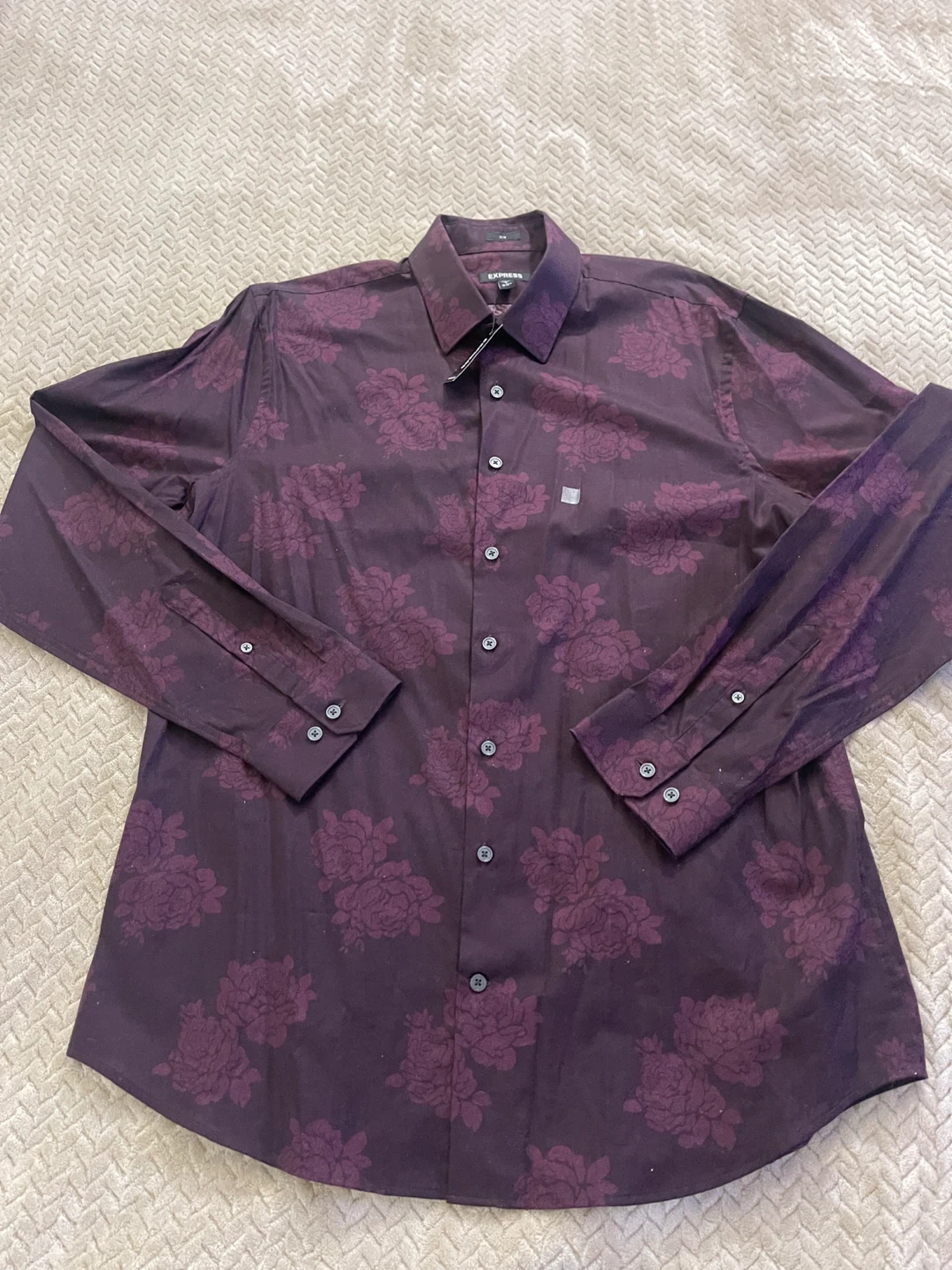 Express Slim Fit Men's Dress Shirt Large Burgundy Floral