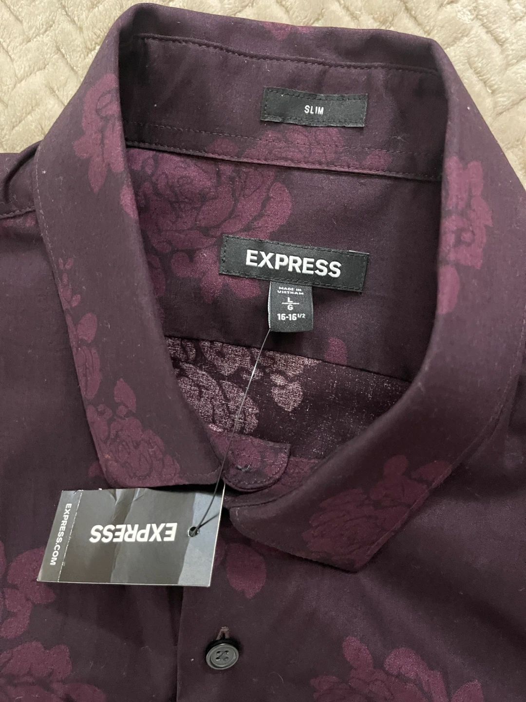 Express Slim Fit Men's Dress Shirt Large Burgundy Floral - photo 2