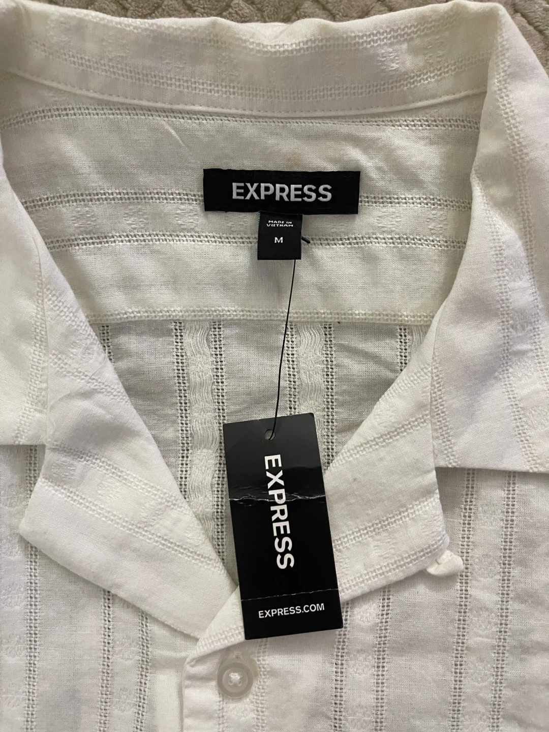 EXPRESS Men's White Striped Short Sleeve Shirt - Size M - photo 2